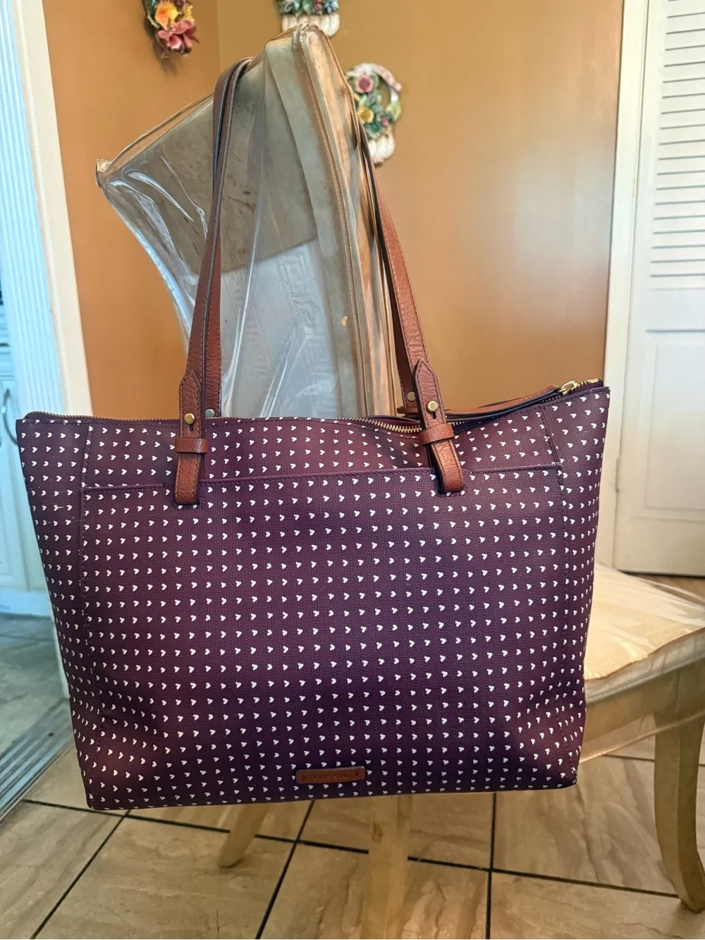 Fossil Burgundy Tote with Brown Leather Straps